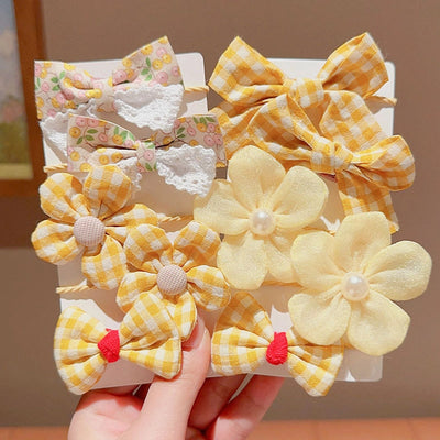 cute plaid flower bow knot cloth inlaid pearls hair tie 1 set