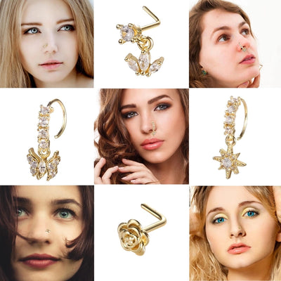1 Set Nose Rings & Studs Y2K Shiny Star Butterfly Lightning 201 Stainless Steel Copper Inlay Zircon Nose Rings & Studs