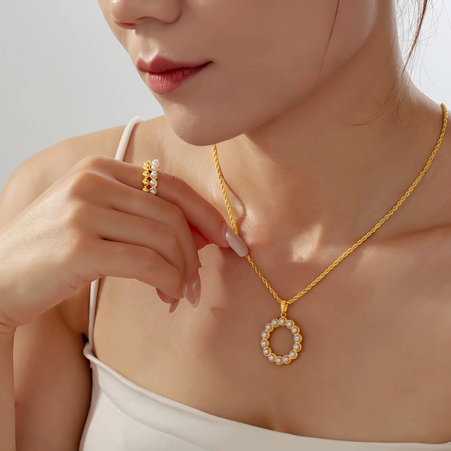 Jewelry Elegant Round 304 Stainless Steel Artificial Pearls 18K Gold Plated Plating Inlay Rings Necklace