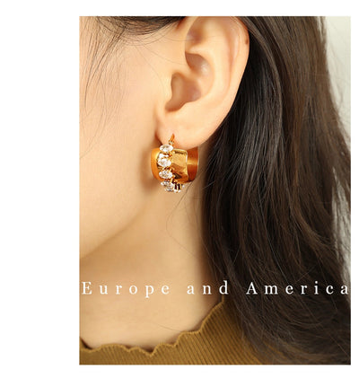 1 Pair Elegant Retro French Style C Shape Semicircle Polishing Plating Inlay 304 Stainless Steel Zircon 18K Gold Plated Earrings