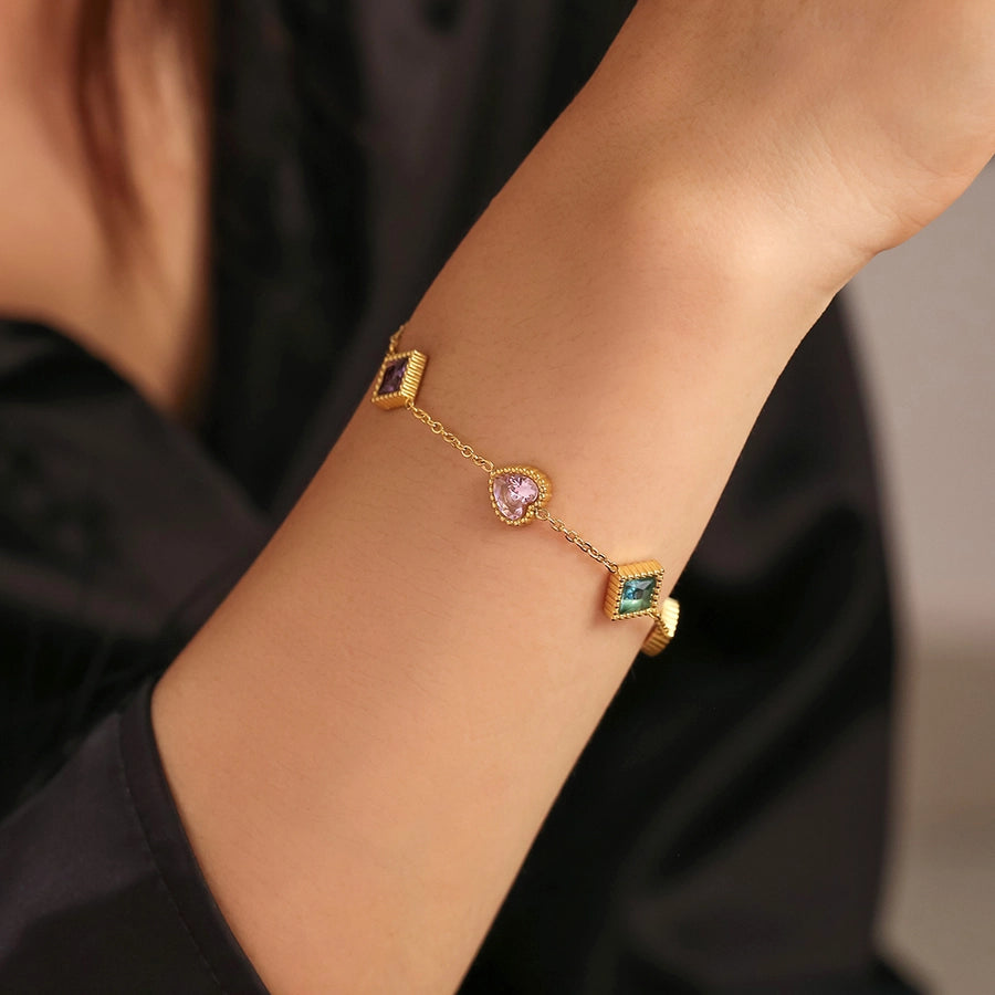 Preppy Style Commute Shiny Square Heart Shape Titanium Steel 18K Gold Plated Zircon Bracelets In Bulk