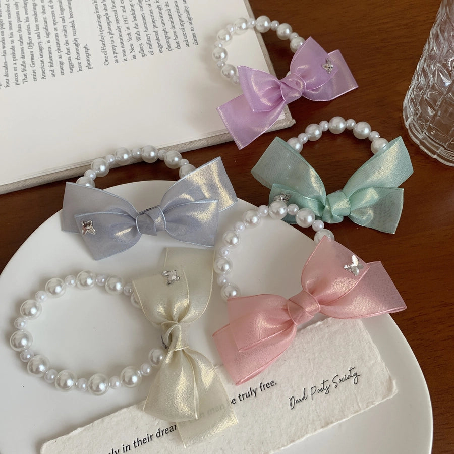 Women's Korean Style IG Style Bow Knot Imitation Pearl Gauze Beaded Hair Tie