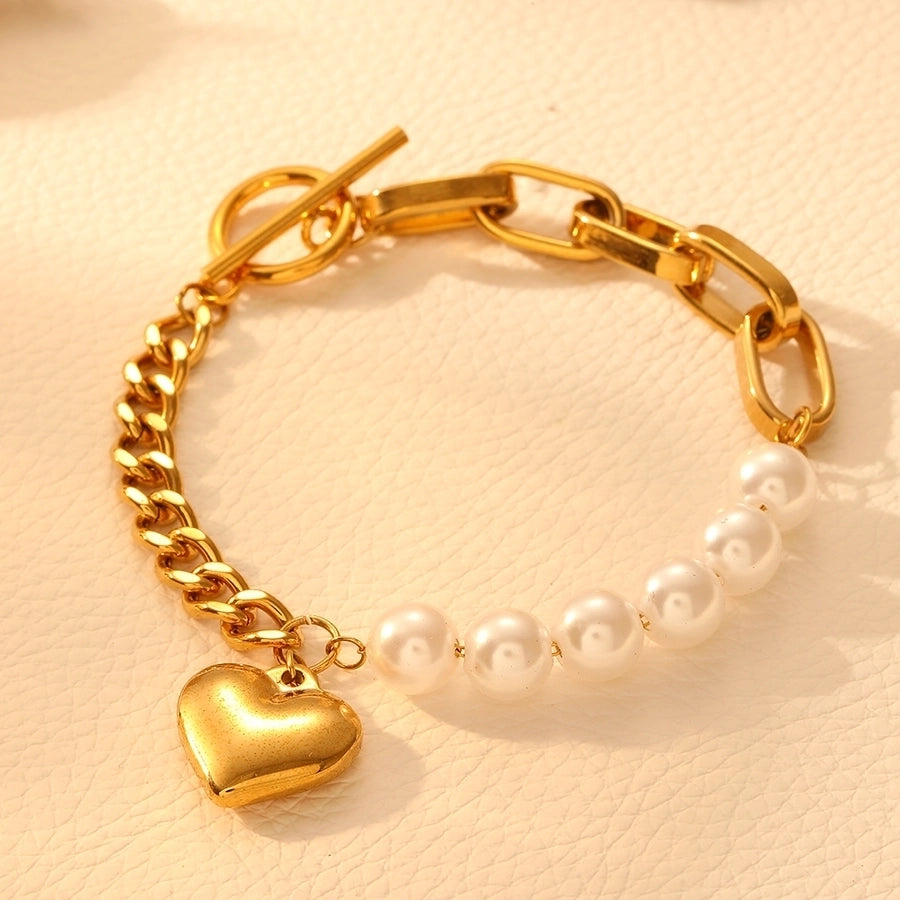 Elegant Heart Shape Titanium Steel 18K Gold Plated Beaded Chain Cuban Link Chain Curb Chain Paperclip Chain Bracelets In Bulk