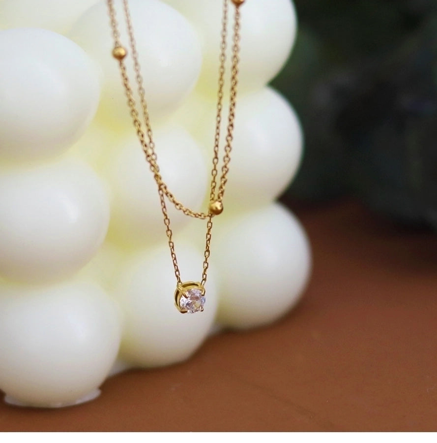 Jewelry Simple Style Round 304 Stainless Steel Zircon 18K Gold Plated Inlay Double Layer Necklaces