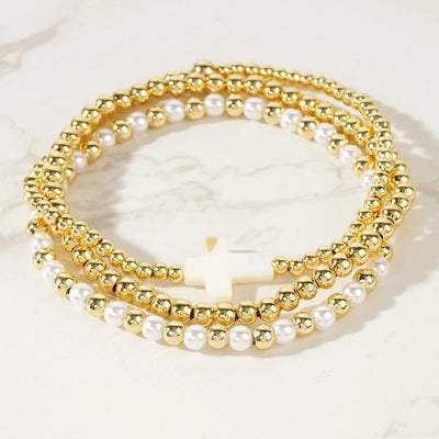 Hot Selling New Shell Cross Copper Bead Imitation Pearl Golden Balls Beads Bracelet Bracelet Three-Piece Set  Foshan