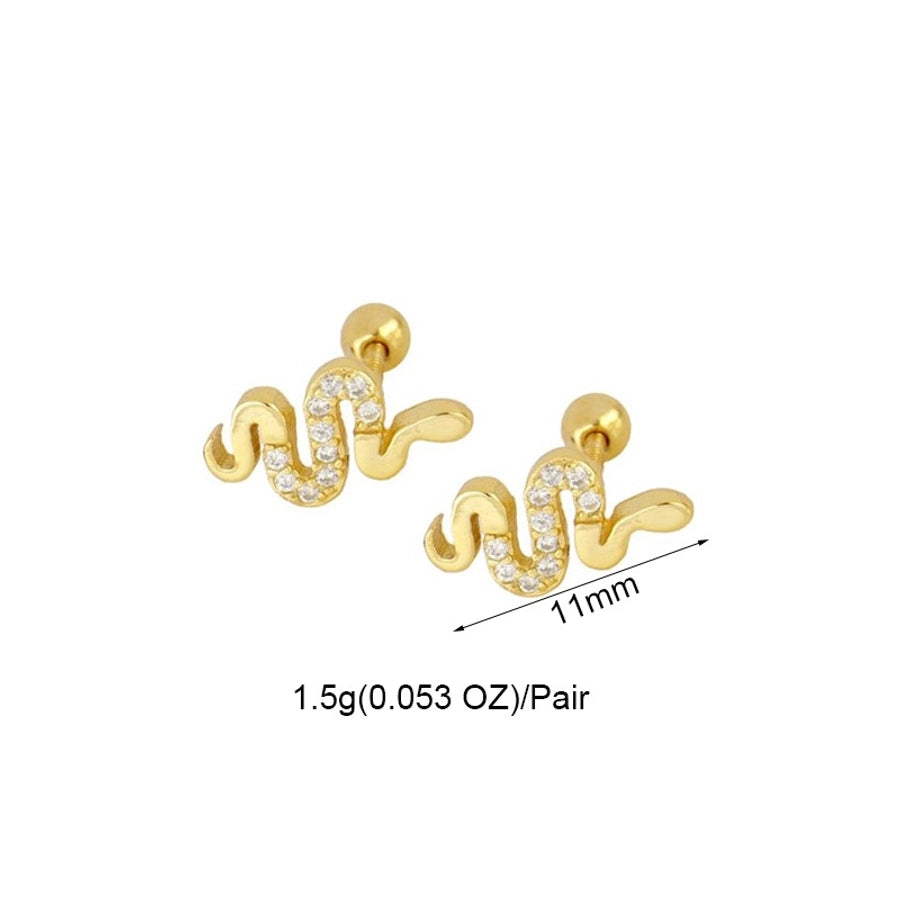 1 Pair Casual Simple Style Snake Copper Zircon 24K Gold Plated Ear Studs