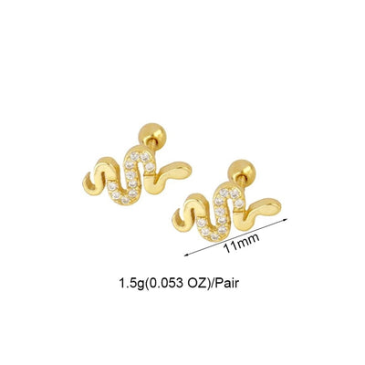 1 Pair Casual Simple Style Snake Copper Zircon 24K Gold Plated Ear Studs