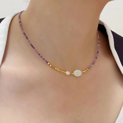 IG Style Geometric natural stone Pearl black gallstone Beaded Chain Necklace In Bulk