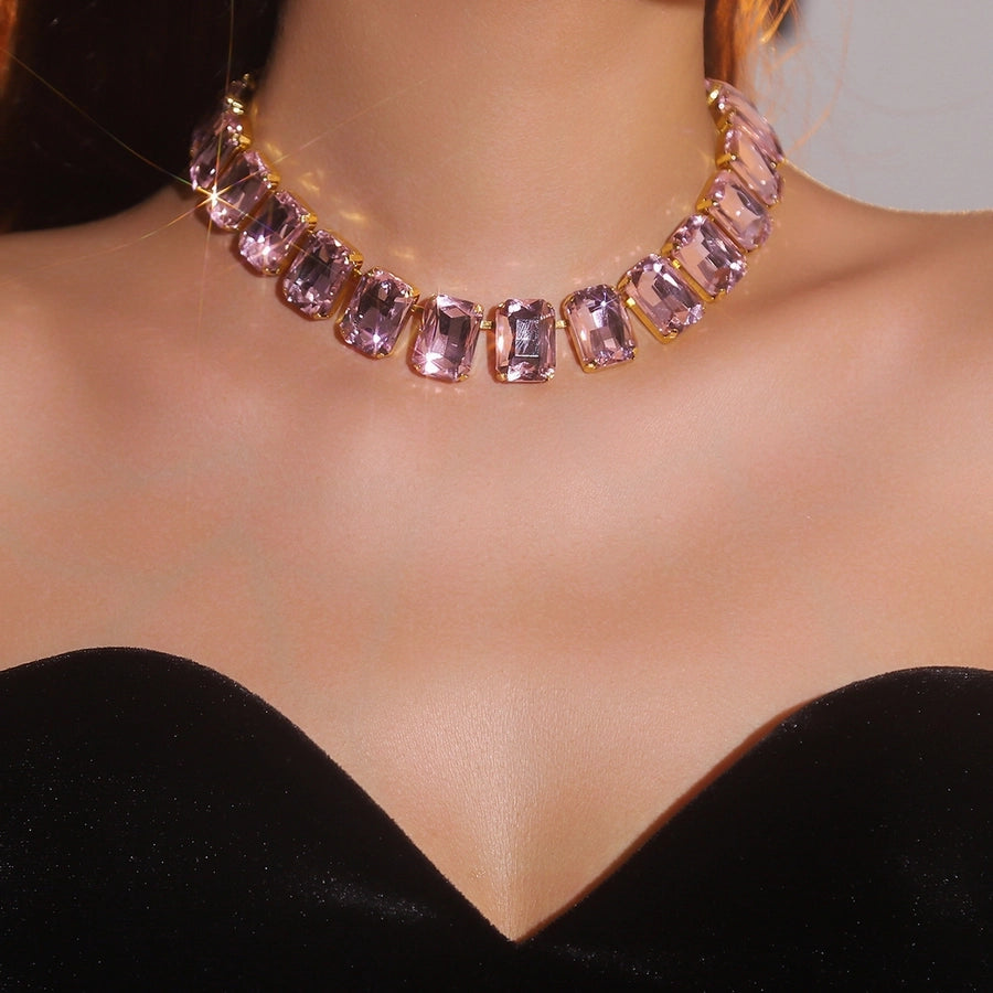 Copper Tennis Chain Inlay Rectangle Rhinestones Pendant Necklace