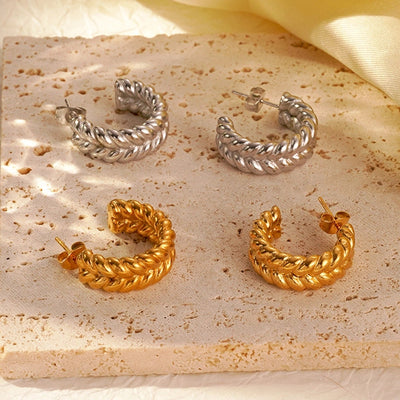 1 Pair Retro C Shape Grain 304 Stainless Steel 18K Gold Plated Ear Studs