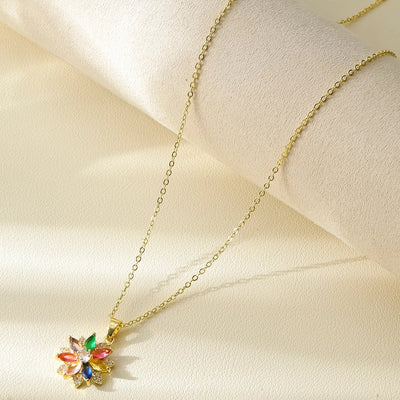 Jewelry Elegant Shiny Flower 304 Stainless Steel Zircon 18K Gold Plated Inlay Pendant Necklace