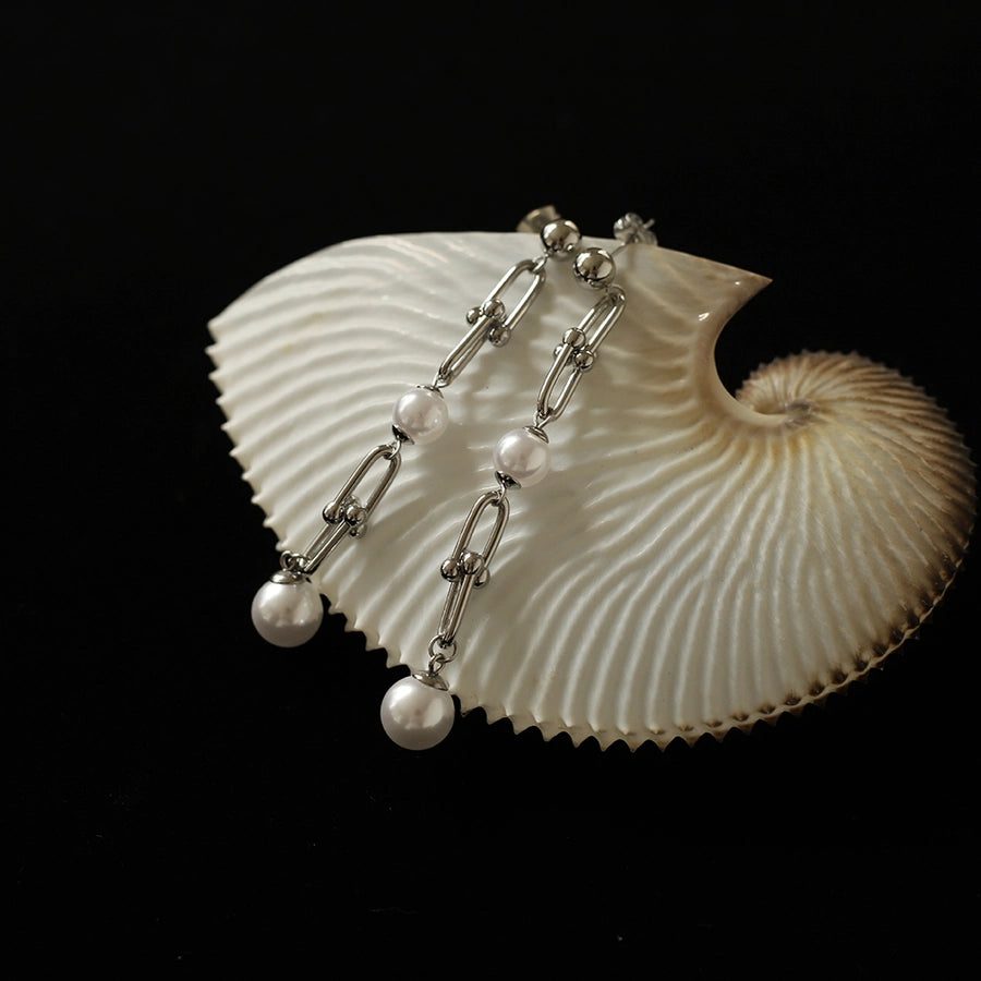 1 Pair Elegant Glam Geometric Inlay 304 Stainless Steel Pearl Drop Earrings