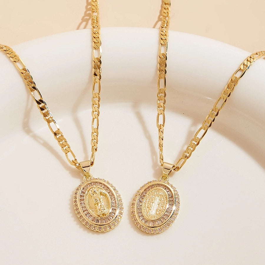 Jewelry Classical Religion Classic Style Human Round Copper Zircon 18K Gold Plated Inlay Pendant Necklace