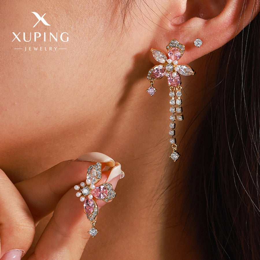 1 Pair Luxurious Sweet Tassel Flower Plating Copper Artificial Gemstones 18K Gold Plated Drop Earrings