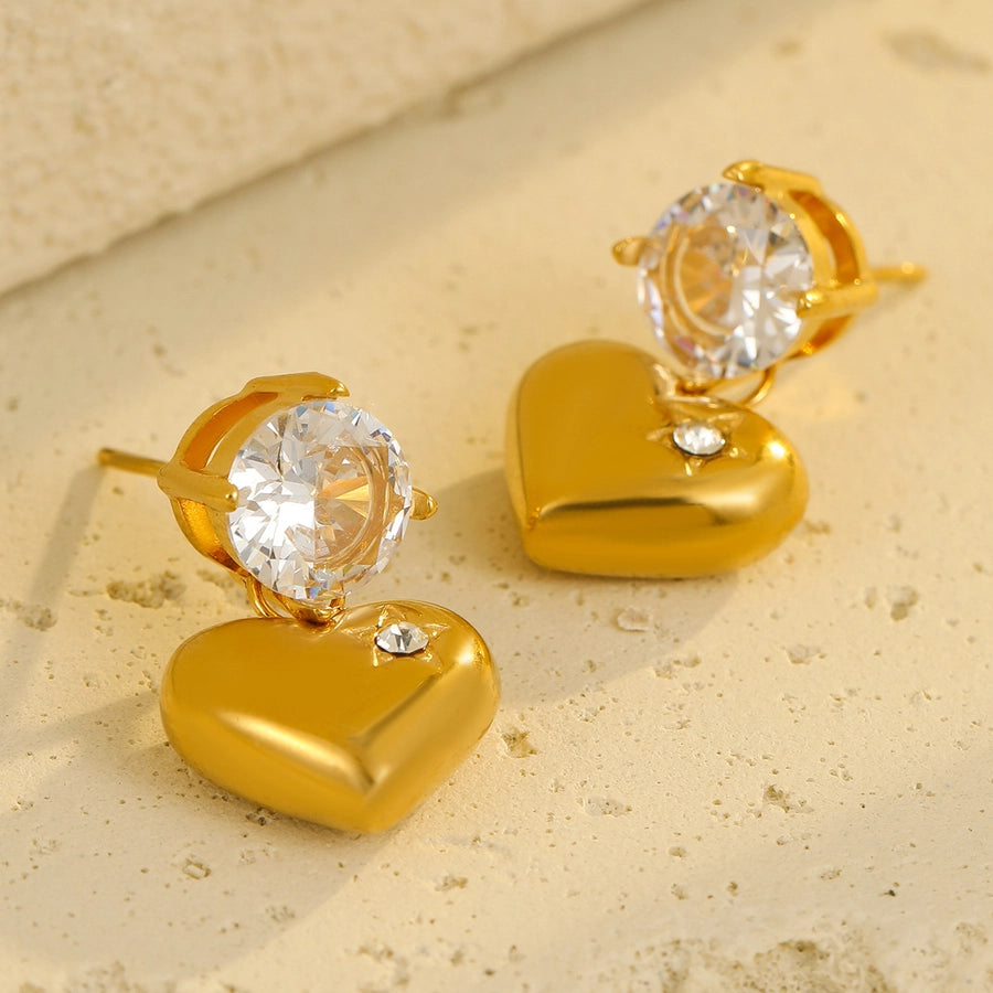 1 Pair Retro Sweet Round Heart Shape Inlay 304 Stainless Steel Zircon 18K Gold Plated Drop Earrings