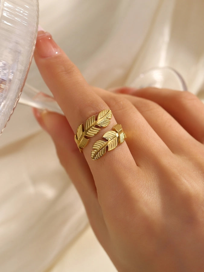 Jewelry Elegant Leaves Feather 304 Stainless Steel Open Rings
