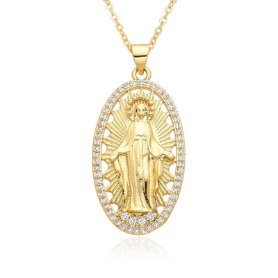 Copper Inlay Human Virgin Mary Zircon Pendant Necklace