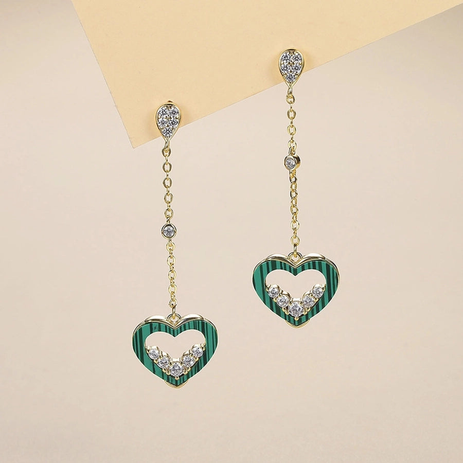 1 Pair Lady Sweet Classic Style Heart Shape Tassel Hollow Out Inlay Copper Alloy Malachite Zircon K Gold Plated Drop Earrings