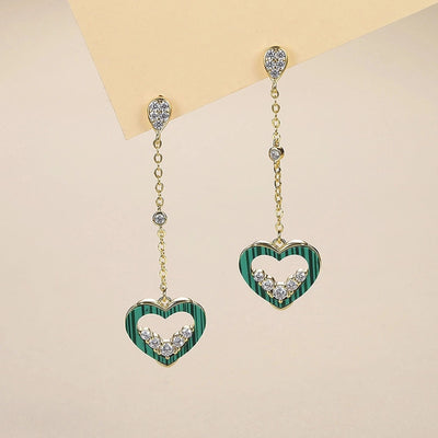 1 Pair Lady Sweet Classic Style Heart Shape Tassel Hollow Out Inlay Copper Alloy Malachite Zircon K Gold Plated Drop Earrings