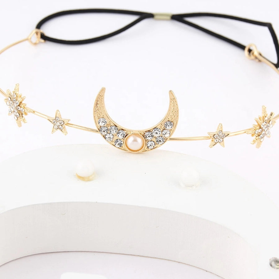 Women's IG Style Sweet Star Moon Alloy Elastic string Inlay Rhinestones Pearl Hair Band