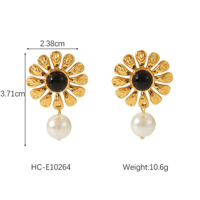 1 Piece IG Style Flower Plating Inlay 304 Stainless Steel Natural Stone Pearl 18K Gold Plated Drop Earrings Ear Studs