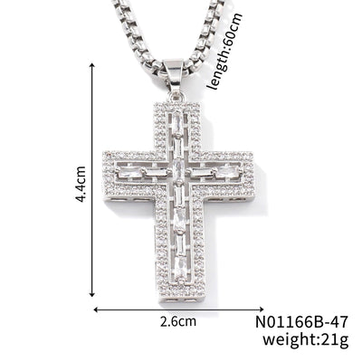 Hip-Hop Rock Shiny Cross Wings 304 Stainless Steel Copper Zircon K Gold Plated Rhodium Plated Unisex Pendant Necklace