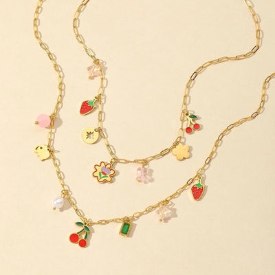 Jewelry French Style Cherry Strawberry 304 Stainless Steel Imitation Pearl Imitating stone 18K Gold Plated Enamel Plating Inlay Multi Charms Necklace