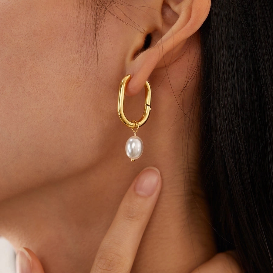 1 Pair French Style Geometric Pearl chain 304 Stainless Steel 18K Gold Plated Drop Earrings