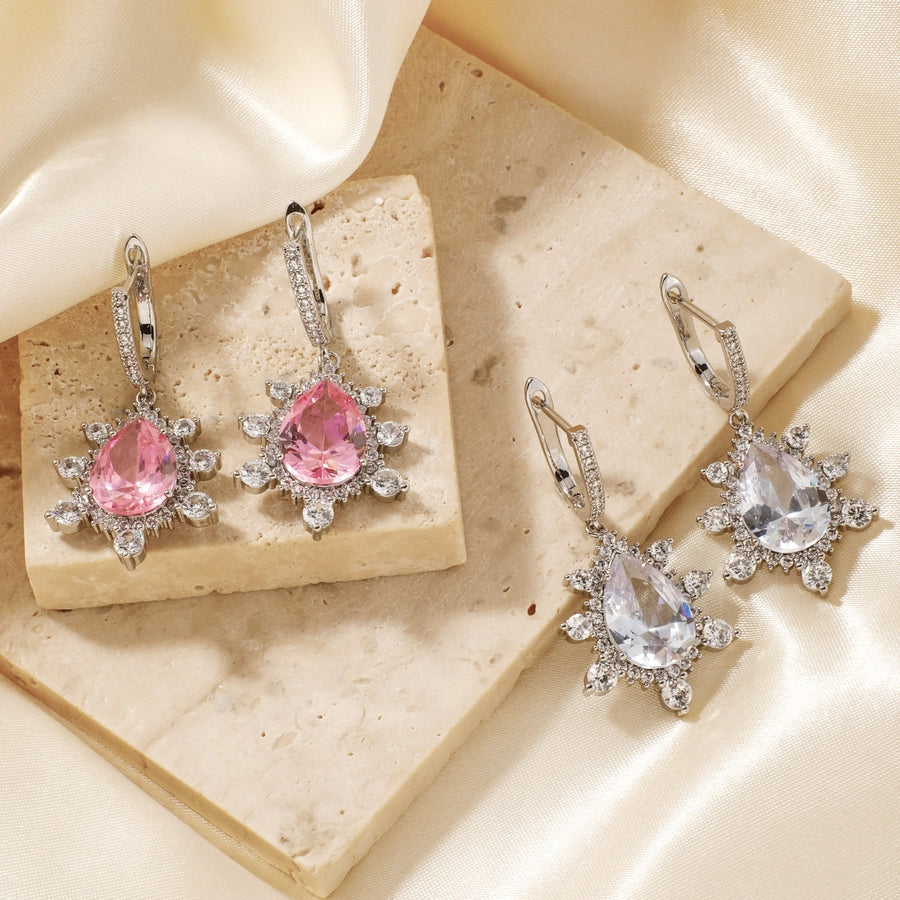 1 Pair Elegant Shiny Korean Style Geometric Water Droplets Flower Inlay Copper Glass Zircon K Gold Plated Rhodium Plated Ear clip