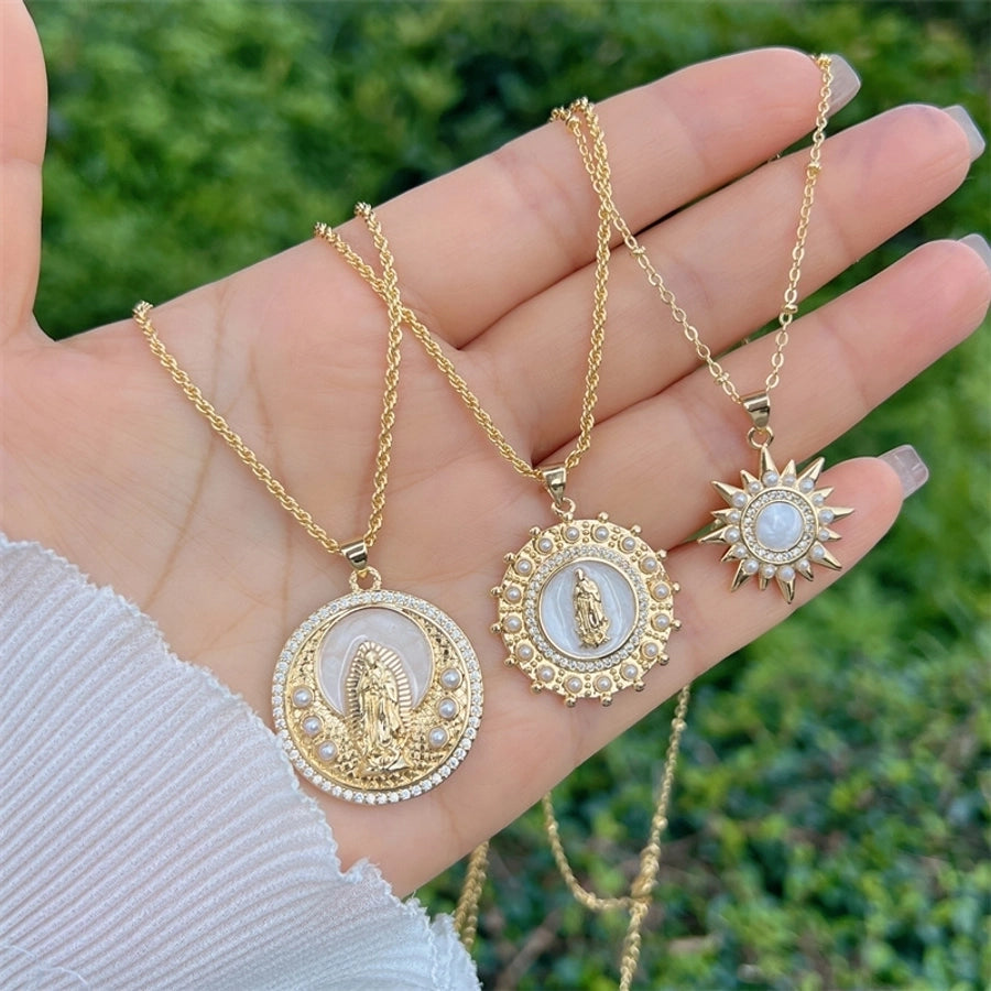 Copper 18K Gold Plated Enamel Inlay Round Virgin Mary Artificial Pearls Zircon Pendant Necklace