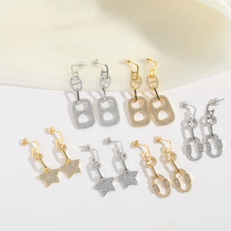 1 Pair Elegant Retro Pentagram Oval Plating Inlay Copper Zircon 14K Gold Plated Drop Earrings