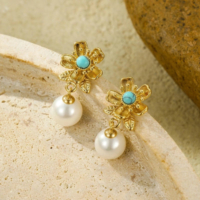 1 Pair Retro Flower Plating Inlay 304 Stainless Steel Natural Stone Pearl 18K Gold Plated Drop Earrings