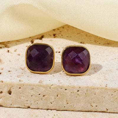 One Pack and Two Pairs Retro French Style Geometric Plating Titanium Steel Natural Stone 14K Gold Plated Ear Studs