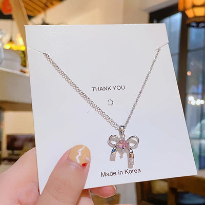 304 Stainless Steel Copper 18K Gold Plated K Gold Plated Inlay Bow Knot Zircon Pendant Necklace