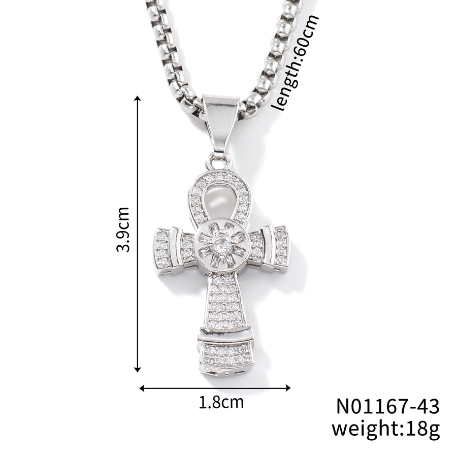Hip-Hop Rock Shiny Cross Wings 304 Stainless Steel Copper Zircon K Gold Plated Rhodium Plated Unisex Pendant Necklace