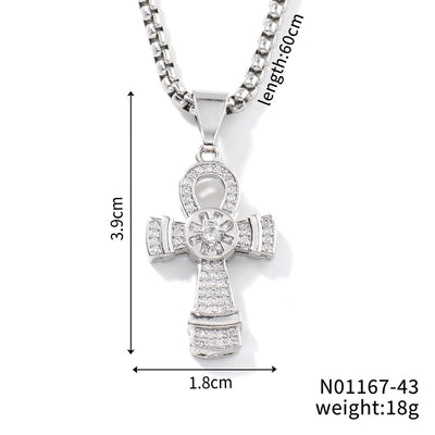 Hip-Hop Rock Shiny Cross Wings 304 Stainless Steel Copper Zircon K Gold Plated Rhodium Plated Unisex Pendant Necklace