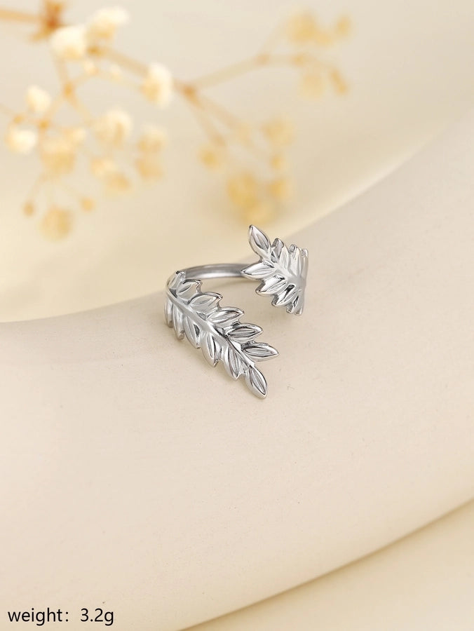 Jewelry Elegant Leaves Feather 304 Stainless Steel Open Rings