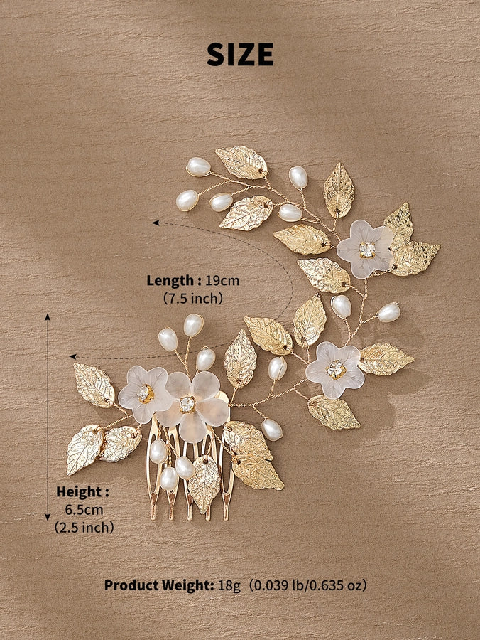 retro leaf flower alloy copper pearl inlay rhinestones insert comb