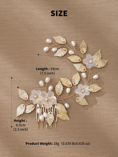 retro leaf flower alloy copper pearl inlay rhinestones insert comb