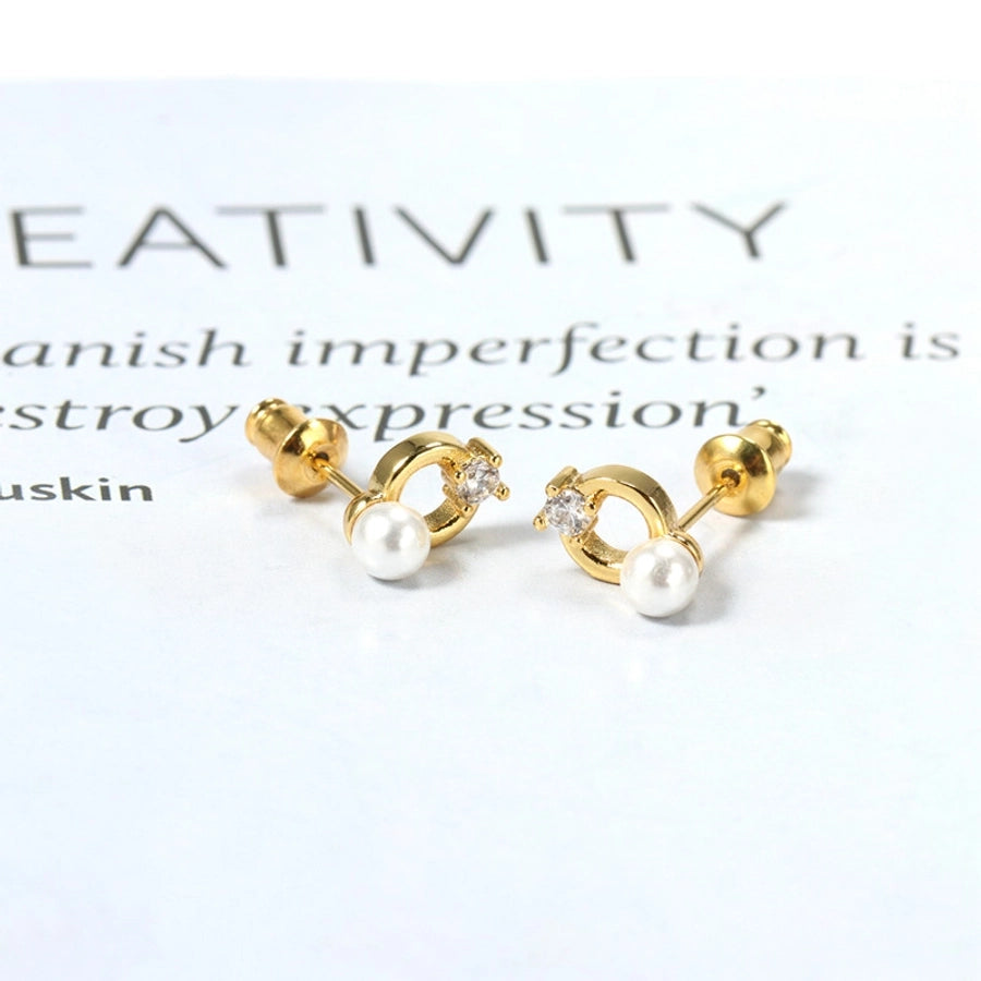 1 Pair IG Style Simple Style Round Plating Inlay Copper Pearl Zircon 18K Gold Plated Ear Studs