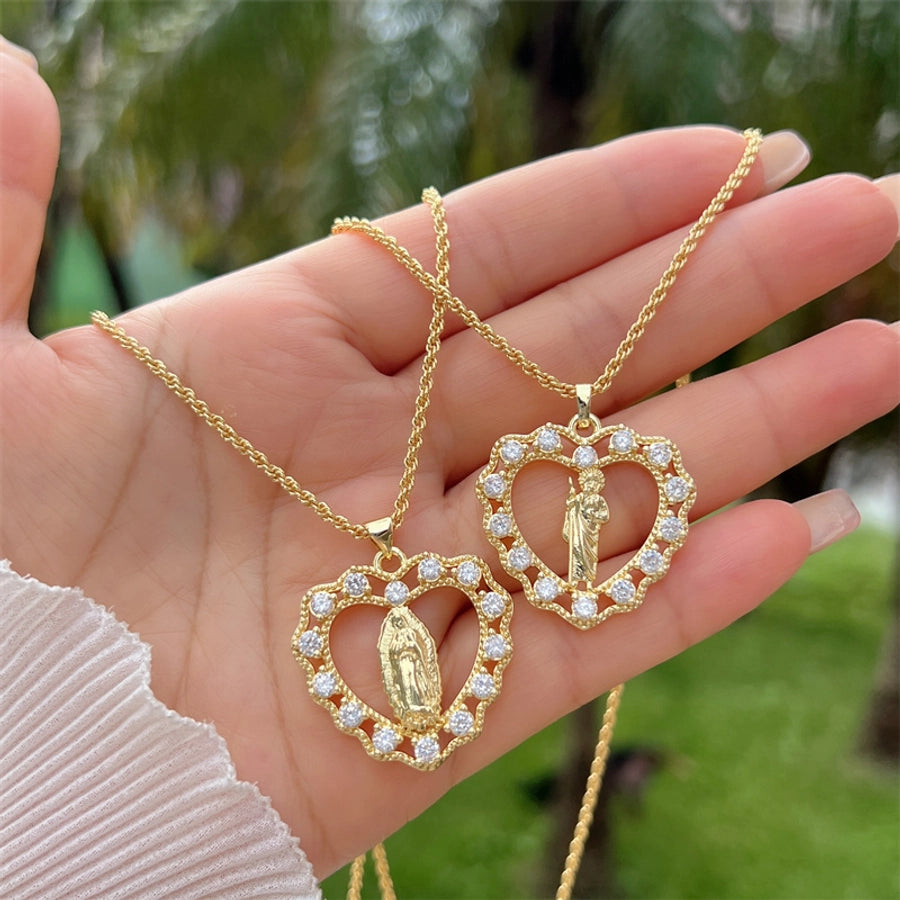 Copper 18K Gold Plated Inlay Human Virgin Mary Heart Shape Artificial Pearls Zircon Pendant Necklace