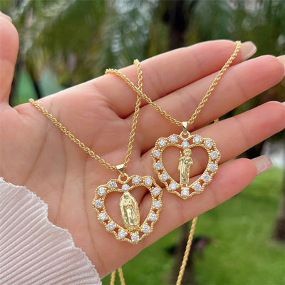 Copper 18K Gold Plated Inlay Human Virgin Mary Heart Shape Artificial Pearls Zircon Pendant Necklace