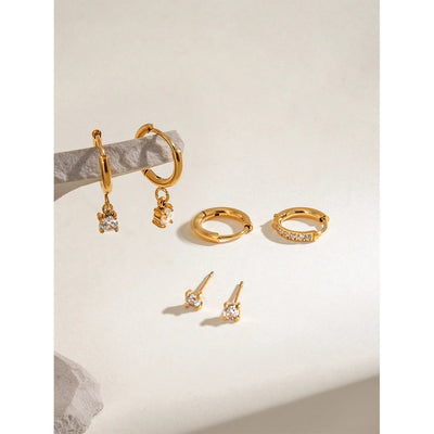 18K Gold Stainless Steel Rhinestone White Rhinestone Ear Clip Earrings 3 Pairs One Card