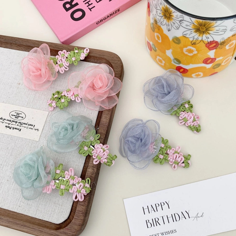 Korean Style Net Yarn Flowers Side Clip Side Fringe Hairpin Female Forehead Exquisite 2024 New Short Hair Headwear Female BB Clip