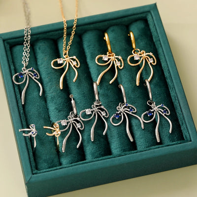 Copper 18K Gold Plated White Gold Plated Asymmetrical Big Bow Bow Knot Zircon Jewelry Set