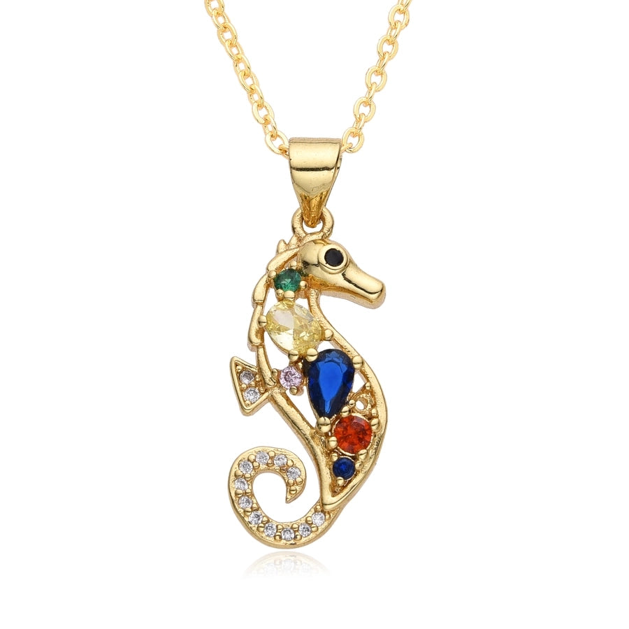 Copper Inlay Hippocampus Zircon Pendant Necklace