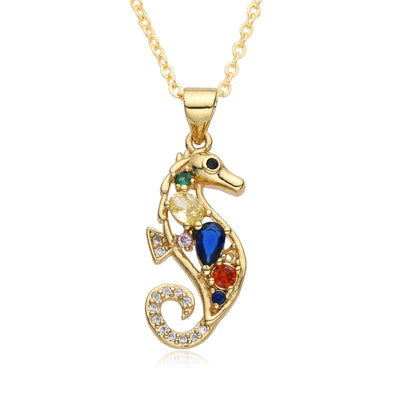 Copper Inlay Hippocampus Zircon Pendant Necklace