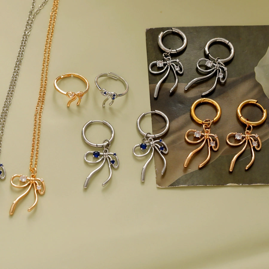 Copper 18K Gold Plated White Gold Plated Asymmetrical Big Bow Bow Knot Zircon Jewelry Set