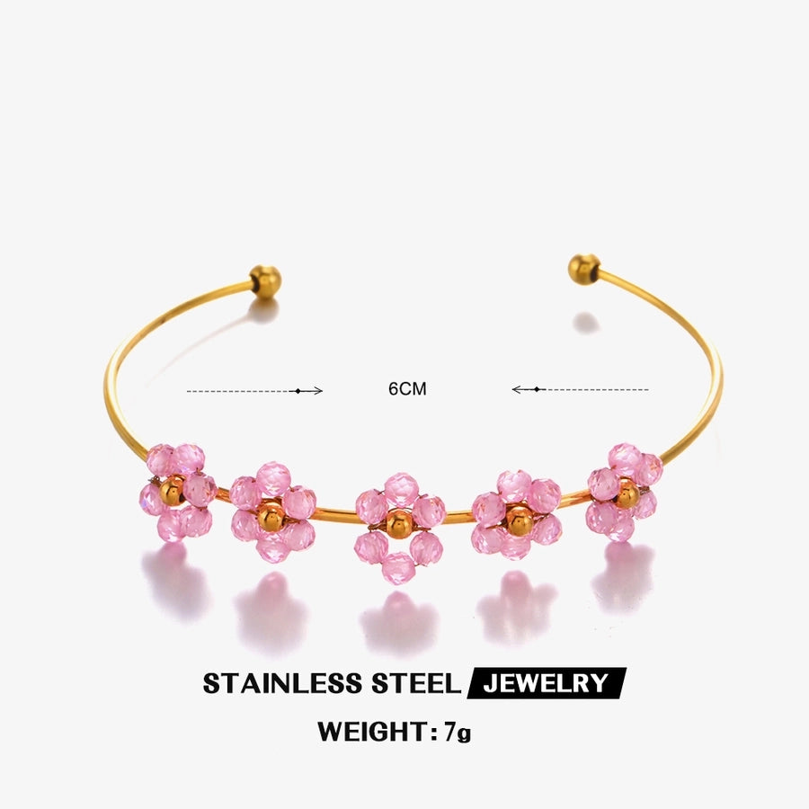IG Style Flower 304 Stainless Steel 18K Gold Plated Zircon Bangle In Bulk