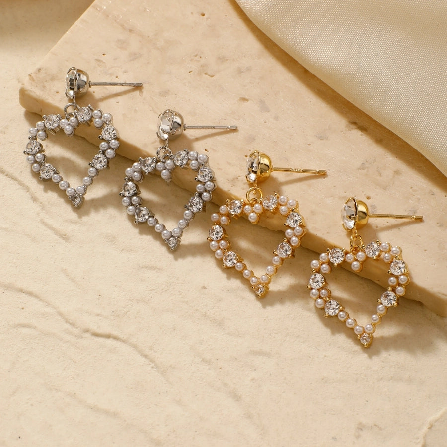 1 Pair Sweet Simple Style Shiny Geometric Heart Shape Inlay Copper Glass Zircon K Gold Plated Drop Earrings